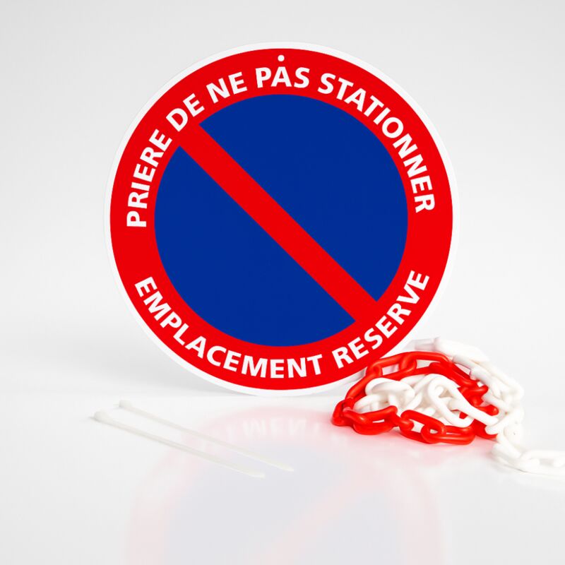 Panneau rond signalisation prépercé + chaine plastique rouge/blanc. Prière de ne pas stationner emplacement réservé . - Prière de ne pas stationner