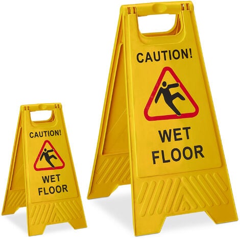 Panneau sol glissant, lot de 2, anglais, Caution Wet Floor, texte sur les deux côtés, chevalet attention, pliant, jaune