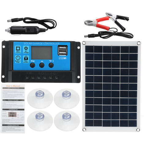 Kit panneau solaire 100W Poly 12V av régulateur 10A et batterie à