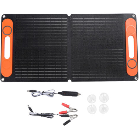 Panneau Solaire avec Clip de Batterie Chargeur de Voiture Portable Pliable 80W Double USB 12VDC Silicium Monocristallin pour Camping en Plein air Noir.