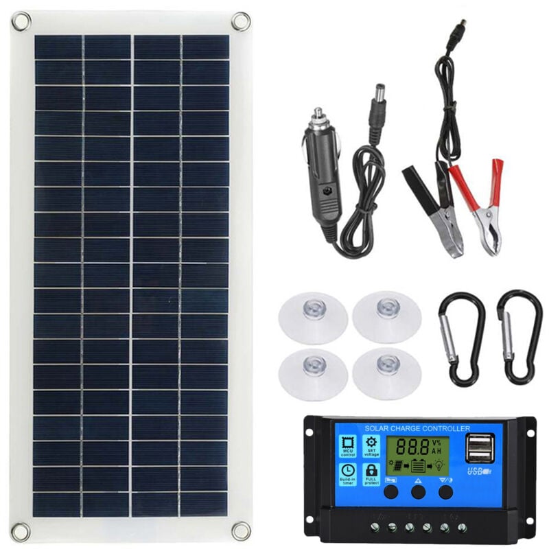 Panneau solaire portable 18 V 20 W avec double port de charge USB + interface de pince de batterie DC5521