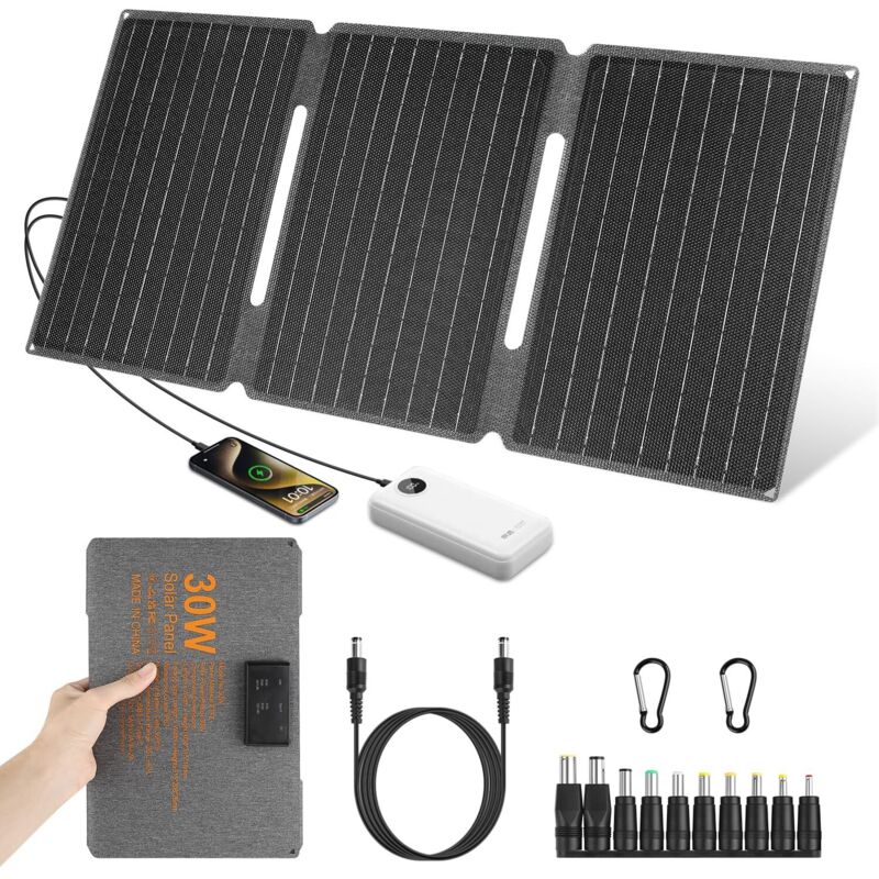 Panneau Solaire Portable 30W 18V,Chargeur Solaire,IP67 Panneau Solaire Pliable, DC+USB3.0+Type-C Chargeur Solaire Portable Puissant pour Téléphones