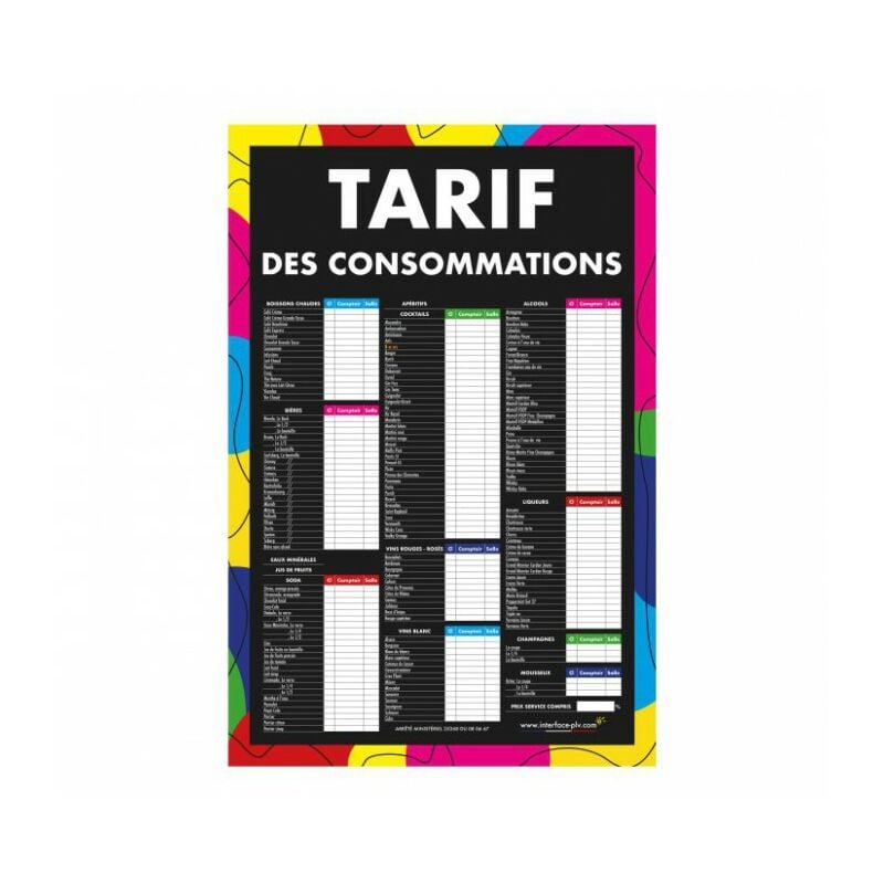 Panneau tarif des consommations moderne dimensions 61 x 41 cm