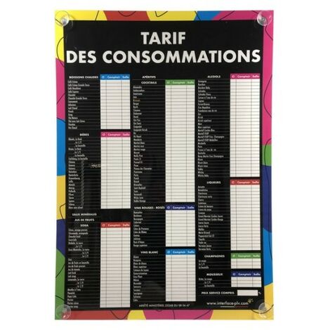 Panneau TARIF DES CONSOMMATIONS moderne format A1 avec fixation ventouses