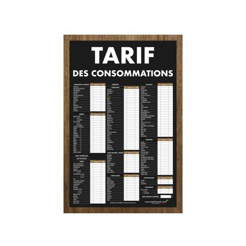 Panneau tarif des consommations traditionnel dimensions 61 x 41 cm