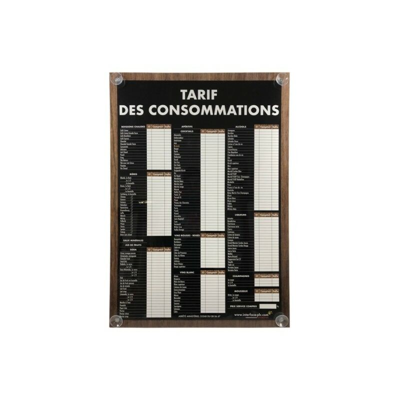 Panneau tarif des consommations traditionnel format A1 avec fixation ventouses