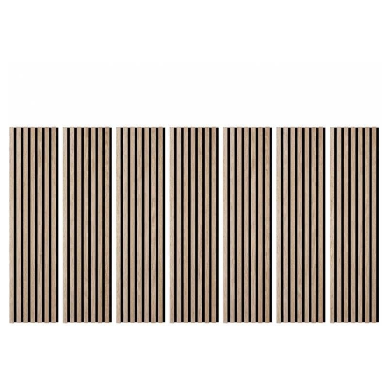 Decoon - Lot de 7 Revêtements muraux tasseaux bois 120x30x1 cm - Pack tête de lit 160 - Lamelles chêne clair véritable fond noir 2,52 m²