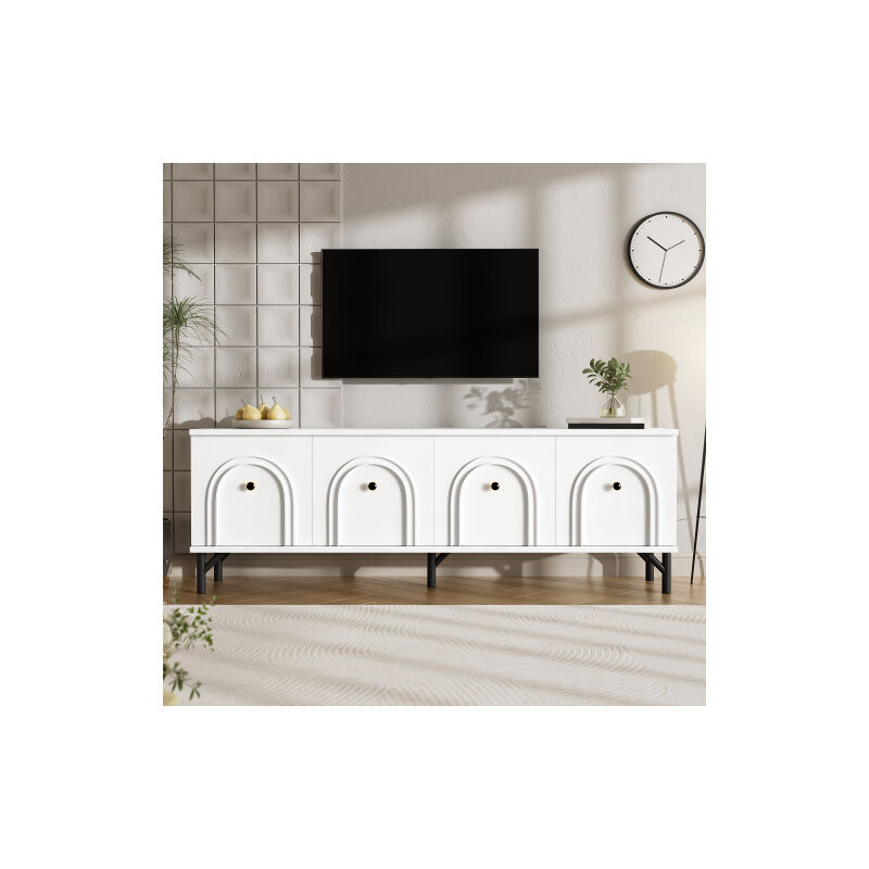 Panneau TV moderne 4 portes – blanc, 160 cm – design élégant avec charnières à fermeture douce – idéal pour les salons et les espaces de