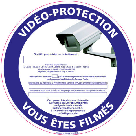 PANNEAU VIDEO PROTECTION VOUS ETES FILMES (G1209) - Adhésif - Diamètre 250 mm