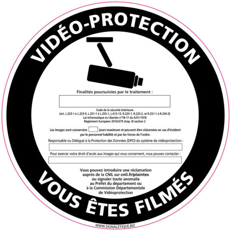PANNEAU VIDEO-PROTECTION VOUS ETES FILMES (G1210) - Aluminium 2 mm - Diamètre 450 mm