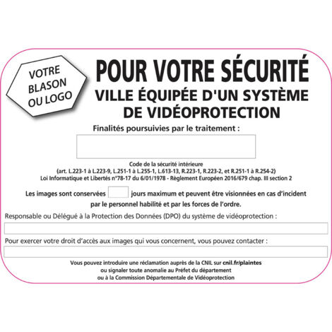 Panneau ville équipée d'un système de video protection (VPV005) Bretagne Classe 1 - 350 x 250 mm