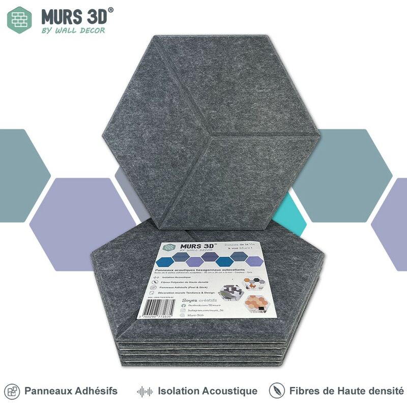 Panneaux Acoustiques : 6 Dalles Adhésives 30x26cm - Gris Texturé - Épaisseur de 9mm - Murs 3D