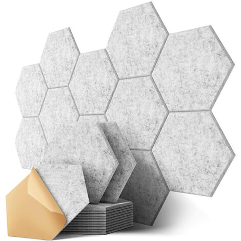 Panneaux Acoustiques Hexagonal Auto-Adhésif, 12 Pack Mousse Acoustique Haute Densité pour la Décoration Mur/Porte/Plafond et le Traitement Acoustique(30x26x0.9cm) - Gris