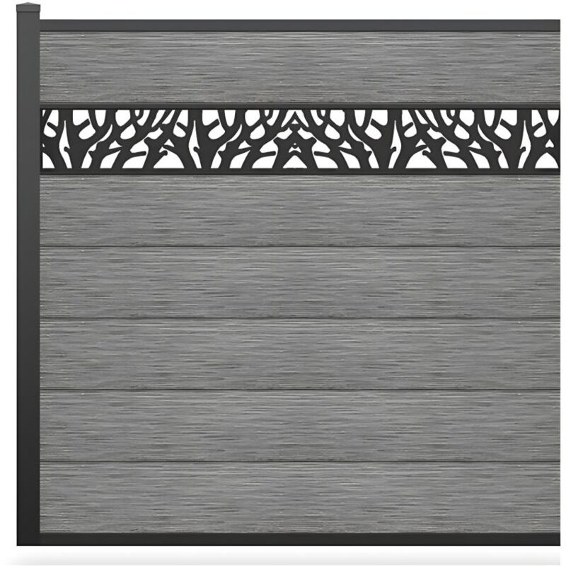 Clôture à enterrer h 181 cm - Kit 7 lames en composite avec décor + 1 poteau gris clair - enola