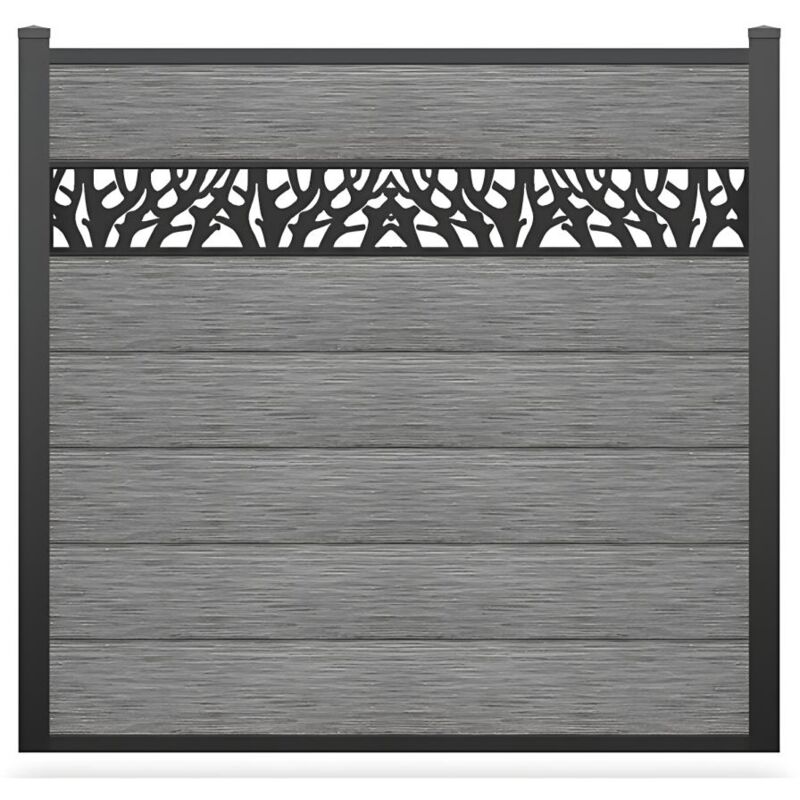 Vente-unique - Clôture à enterrer h 181 cm - Kit 7 lames en composite avec décor + 2 poteaux gris clair - enola