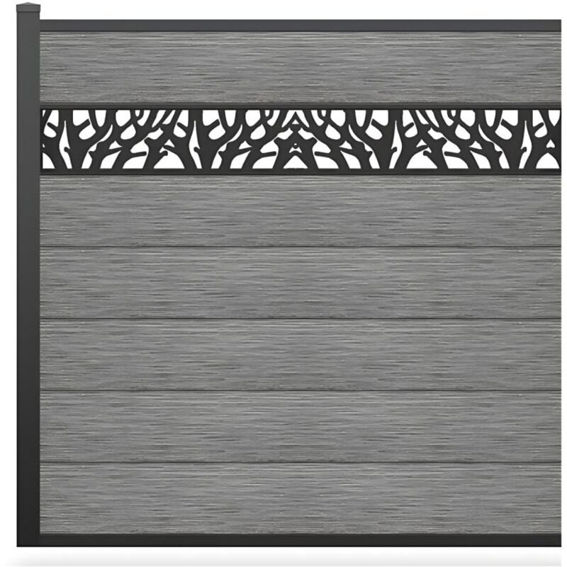 Vente-unique - Clôture à poser h 181 cm - Kit 7 lames en composite avec décor + 1 poteau gris clair - enola