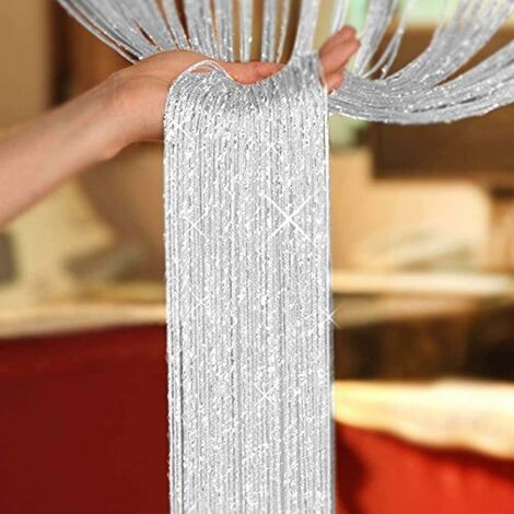 Panneaux de rideaux en corde scintillants, rideaux en maille anti-mouches, cloisons pour decoration de portes et fenetres W1m H2m gris argente