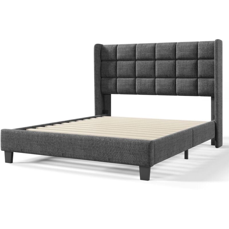 Lit double capitonné avec sommier à lattes 140 x 200 cm, tissu lin gris, matelas non inclus