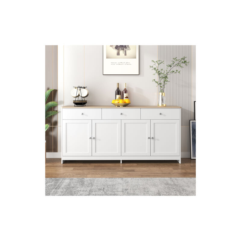 Panneaux latéraux avec grain de bois blanc, quatre portes, trois tiroirs, salon, salle à manger. Couleur bois et blanc