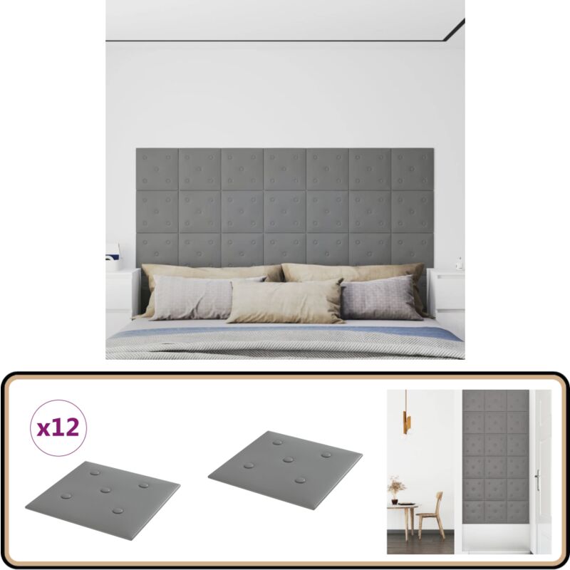 Panneaux muraux 12 pcs Gris 30x30 cm Similicuir 1,08 m² - Panneau Mural - Revêtement Mural - Lambris - Décoration Murale - Isolation Phonique