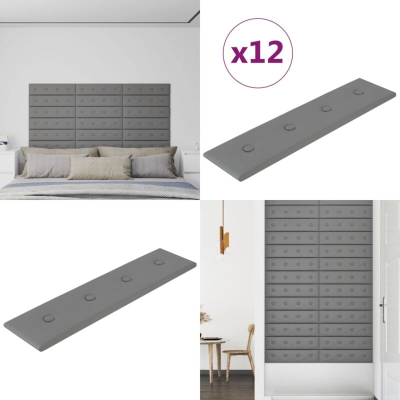 Panneaux muraux 12 pcs Gris 60x15 cm Similicuir 1,08 m² - Panneau Mural - Revêtement Mural - Lambris - Décoration Murale - Isolation Phonique - Home