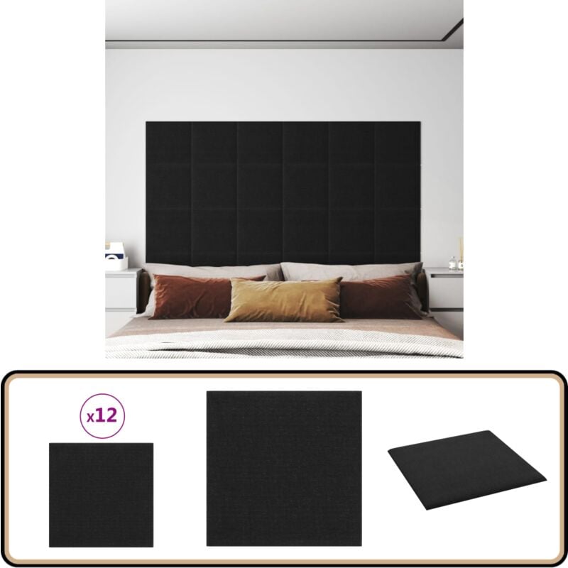 Panneaux muraux 12 pcs Noir 30x30 cm Tissu 1,08 m² - Panneau Mural - Décoration Murale - Revêtement Mural - Isolation Phonique - Isolation Thermique