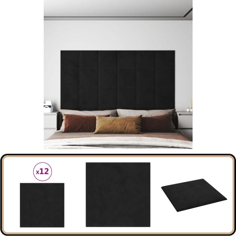 Panneaux muraux 12 pcs Noir 30x30 cm Velours 1,08 m² - Panneau Mural - Décoration Murale - Revêtement Mural - Isolation Phonique - Isolation Thermique