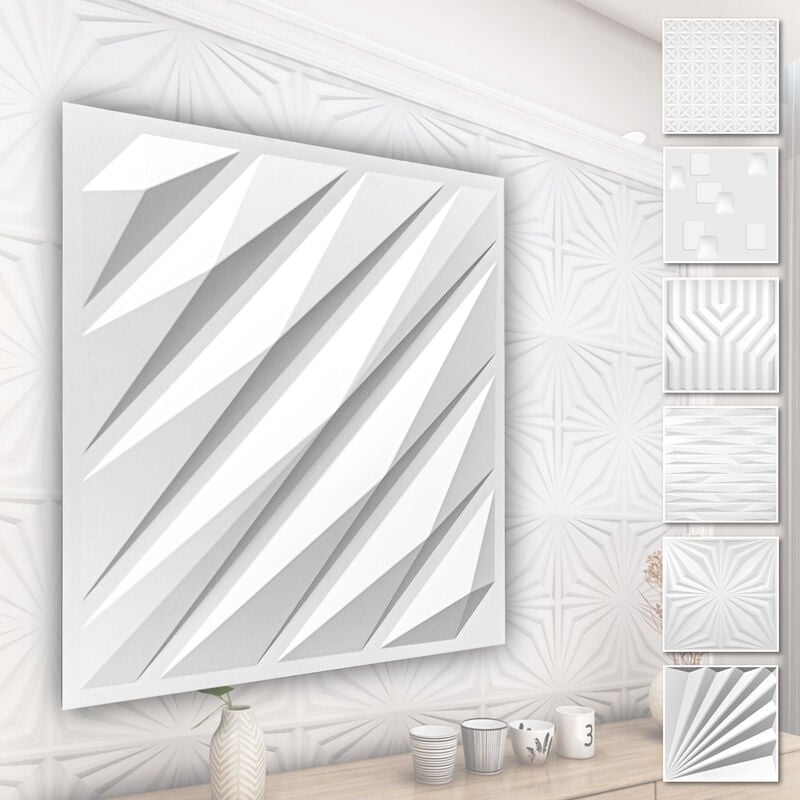 Panneaux muraux 3D en plastique PVC - revêtement mural blanc avec aspect 3D - motifs abstraits: 3 qm 12 plaques, HD136