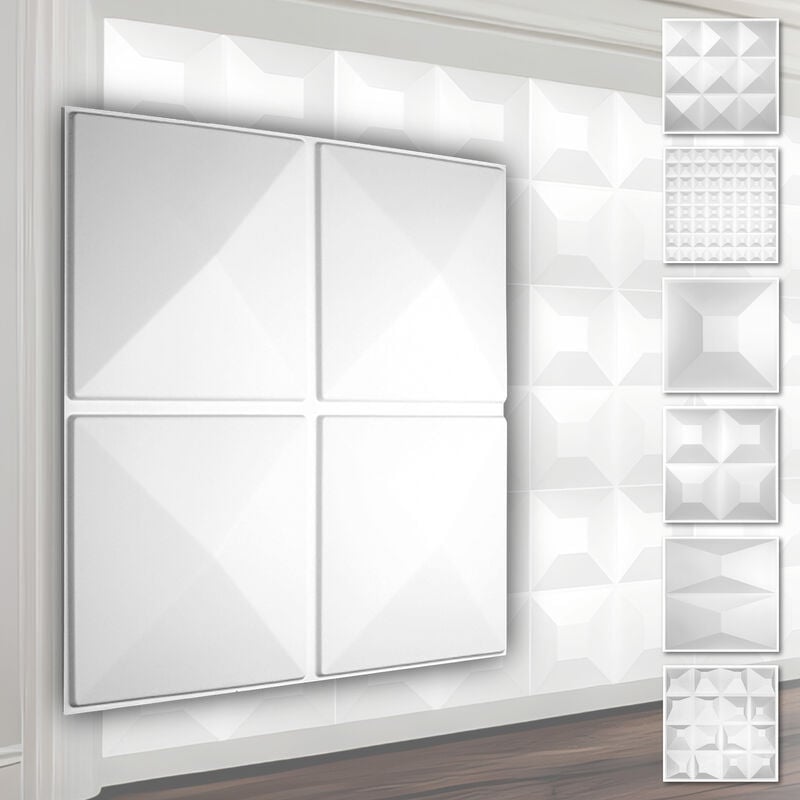 Panneaux muraux 3D en plastique pvc - revêtement mural blanc avec aspect 3D - motifs pyramidaux: 5 m² 20 panneaux, HD023