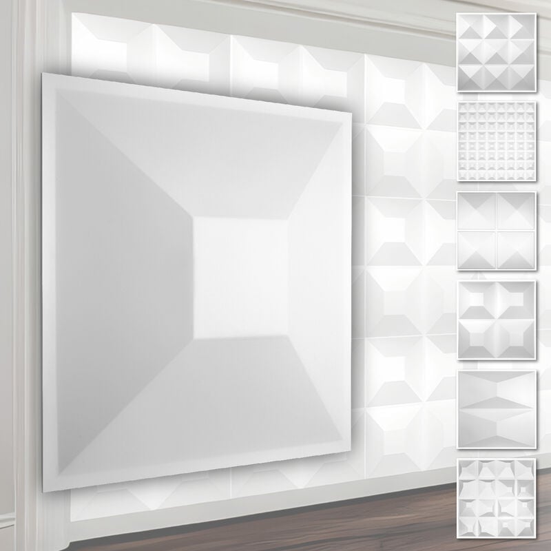Panneaux muraux 3D en plastique pvc - revêtement mural blanc avec aspect 3D - motifs pyramidaux: 5 m² 20 panneaux, HD024
