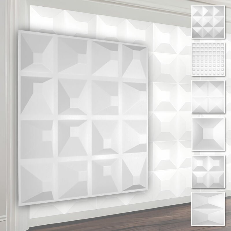 Panneaux muraux 3D en plastique pvc - revêtement mural blanc avec aspect 3D - motifs pyramidaux: 5 m² 20 panneaux, HD109