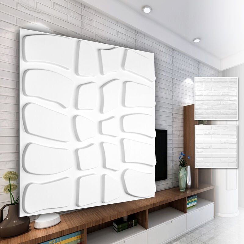 Panneaux muraux 3D en pvc plastique - revêtement mural blanc avec aspect 3D - motifs briques: 3 qm 12 plaques, HD065