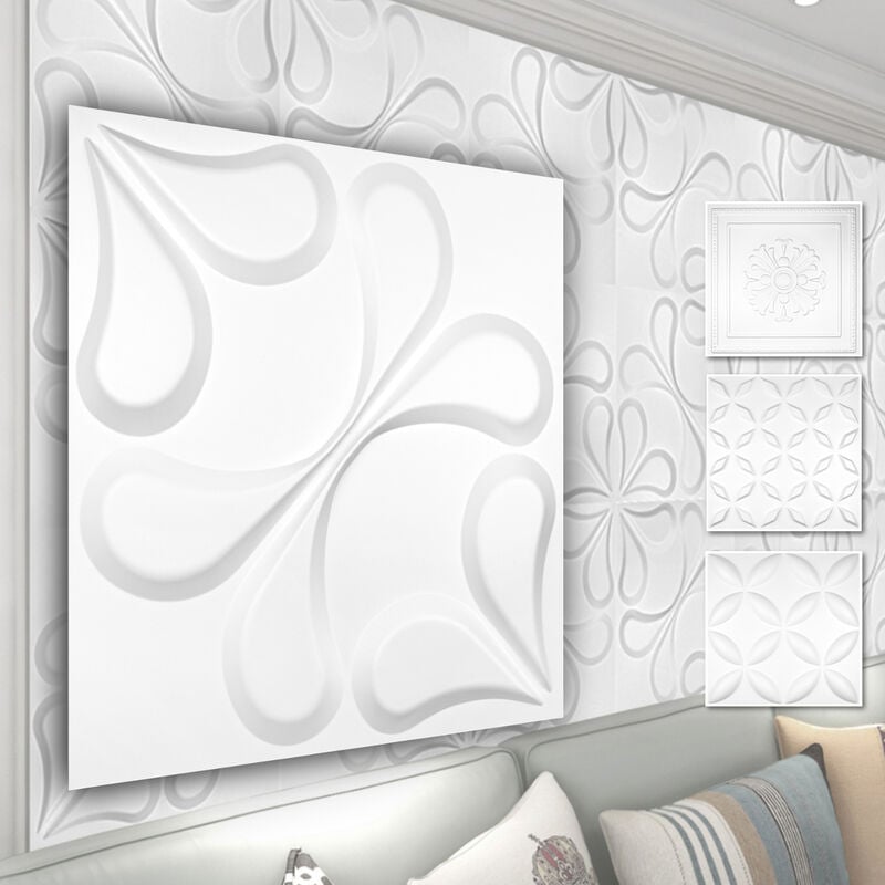 Panneaux muraux 3D en pvc plastique - revêtement mural blanc avec aspect 3D - motifs floraux: 3 qm 12 plaques, HD102