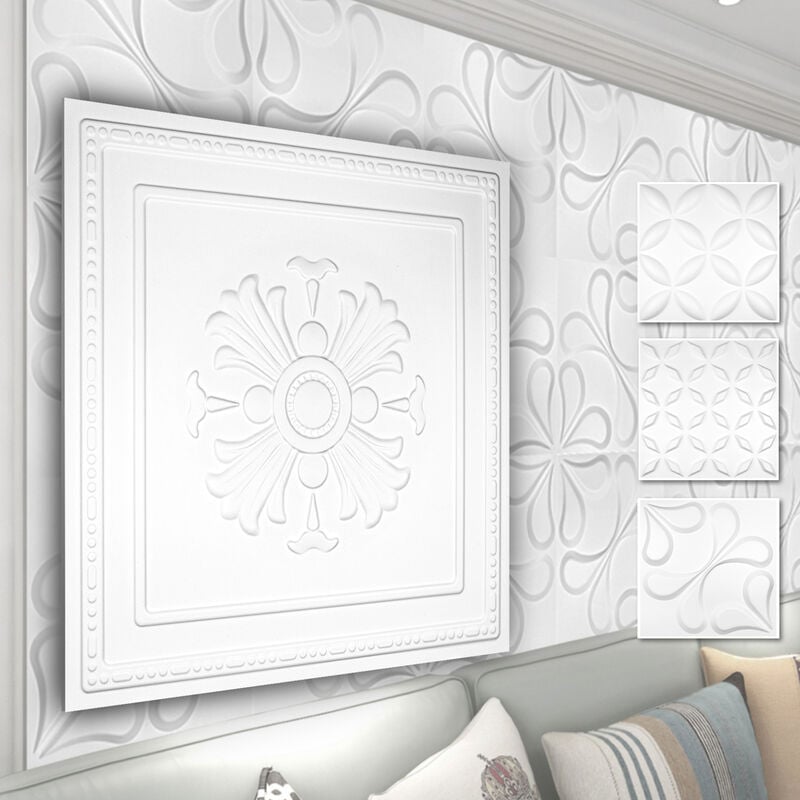 Panneaux muraux 3D en PVC plastique - revêtement mural blanc avec aspect 3D - motifs floraux: 5 m² 20 panneaux, HD050