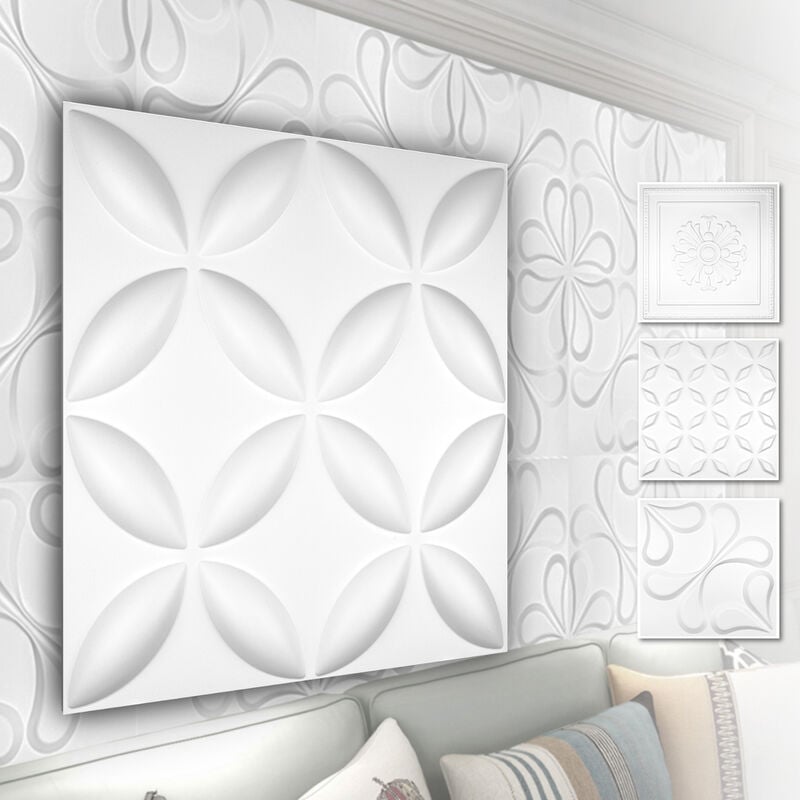 Panneaux muraux 3D en pvc plastique - revêtement mural blanc avec aspect 3D - motifs floraux: 5 m² 20 panneaux, HD038