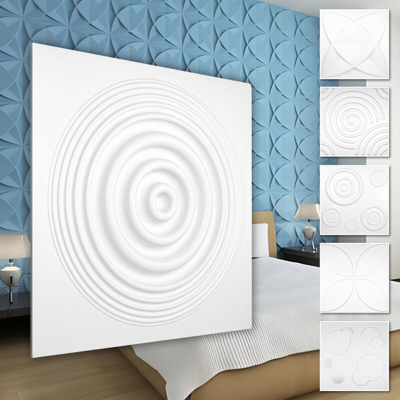 Panneaux muraux 3D plastique pvc - revêtement mural blanc avec aspect 3D - motifs en forme ronds: 3 qm 12 plaques, HD075