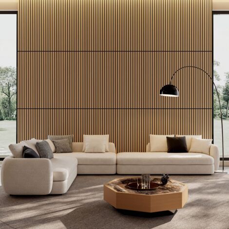 Panneaux muraux acoustiques en bois latté,lot de 4 pièces 115×60 cm. Modèle 3D cannelé absorbant le son,finition chêne blanc pour mur et plafond.