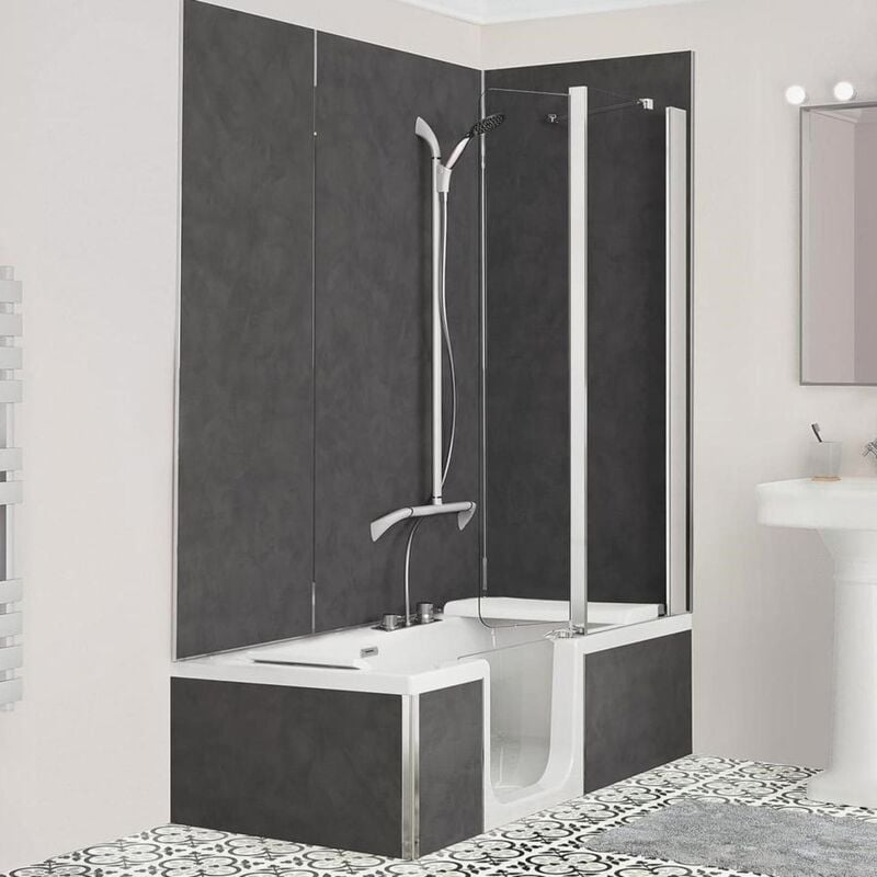 Panneaux muraux Kinedo Kinéwall pour baignoire duo en niche couleur taupe ou gris aspect bois à choisir à la commande