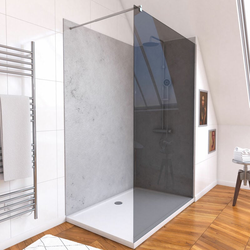 Aurlane - Panneaux Muraux Light Grey 90+120x210 - Receveur 120x90 - Paroi 8mm Fumée 120x200 + Bras
