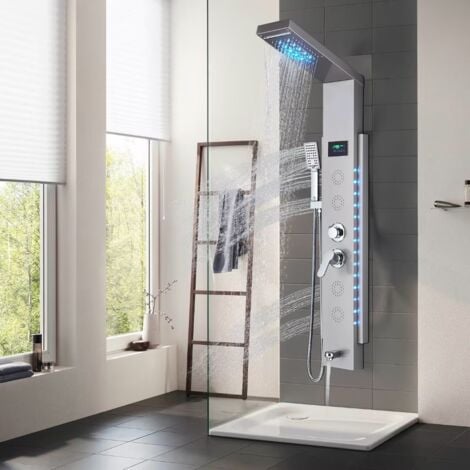 ONYZPILY Pannello Doccia Idromassaggio per Vasca con 5 In 1 Funzioni LED Colonna Doccia Set in 304 Acciaio Inox Con Display LCD, Miscelatore Vasca Da Bagno, Soffione Doccia A Cascata Argento