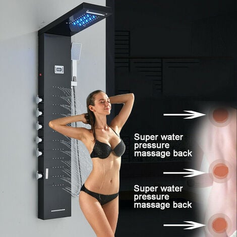 Pannello Doccia senza Miscelatore 5 Funzioni Colonna Doccia Idromassaggio con Temperatura Display,con Massaggi,Soffione Fisso(Nichel spazzolato)
