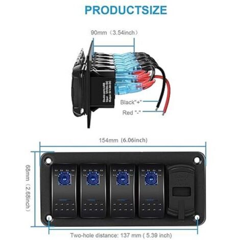 Pannello interruttori a bilanciere a 4 vie da 12V/24V, impermeabile, con doppia porta di ricarica USB per auto e barche.