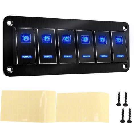 Pannello interruttori a bilanciere a 6 gruppi Impermeabile retroilluminato blu in lega di alluminio anodizzato nero per auto camion camper barca DC12V‑24V