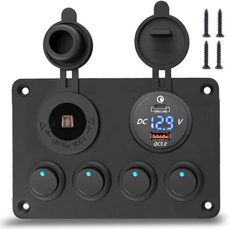 Pannello interruttori a bilanciere con USB-C, pannello in alluminio impermeabile IP65, caricabatterie USB, presa di accensione+voltmetro digitale, 4interruttori a bilanciere integrati da 12V/24V, 15A