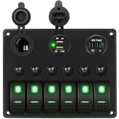 Pannello interruttori a bilanciere retroilluminato a LED verde 12V/24V, voltmetro digitale, doppia porta USB per il caricamento, presa accendisigari, protezione da sovraccarico, per auto, camper, barc