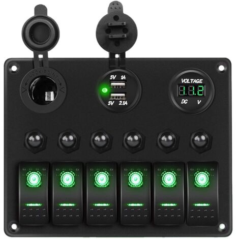 Pannello interruttori a bilanciere retroilluminato a LED verde da 12 V/24 V, voltmetro digitale, doppio caricabatterie USB, presa accendisigari, protezione da sovraccarico, per auto, camper, barca