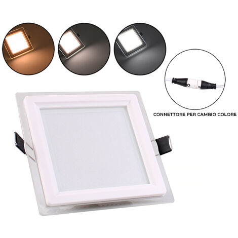 PANNELLO LED 9W QUADRATO BIANCO DA INCASSO PER CONTROSOFFITTI CCT SLIM VETRO E CON TRE OPZIONI DI TEMPERATURA COLORE
