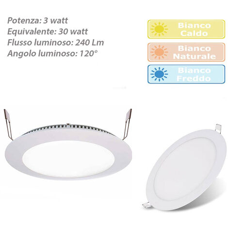 Pannello led incasso tondo slim 3 watt plafoniera luce bianca fredda 6500k faretto illuminazione di interni driver incluso