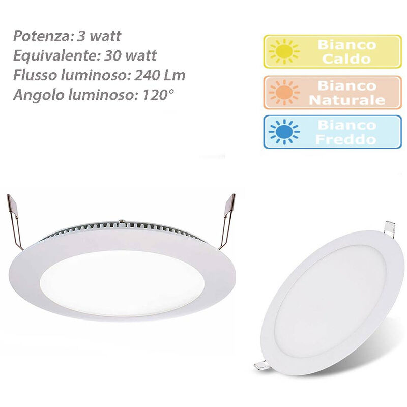 Image of Vetrineinrete - Pannello led incasso tondo slim 3 watt plafoniera luce naturale 4000k faretto illuminazione di interni driver incluso