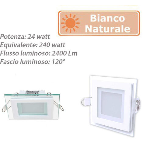 Pannello led slim incasso bordo in vetro quadrato 24 watt luce naturale 4000k